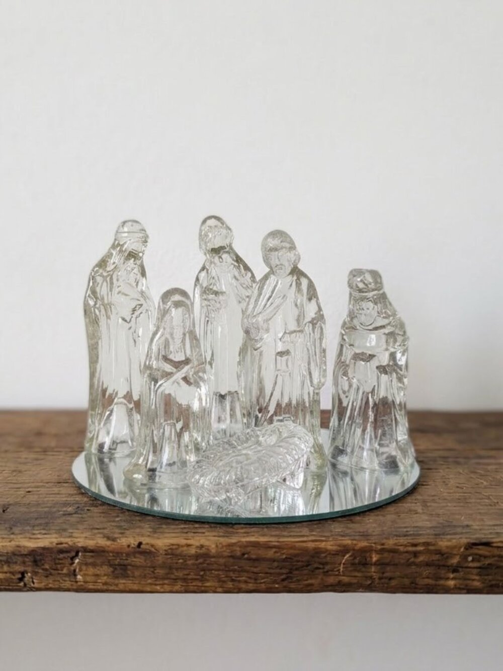 Vintage Clear Pressed Glass Miniature Nativity Set 7pc Mirror Base Christmas MCM